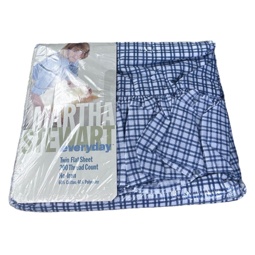 NIP Martha Stewart Twin Flat Sheet Blue Gingham Indigo Check 200 count Ruffled
